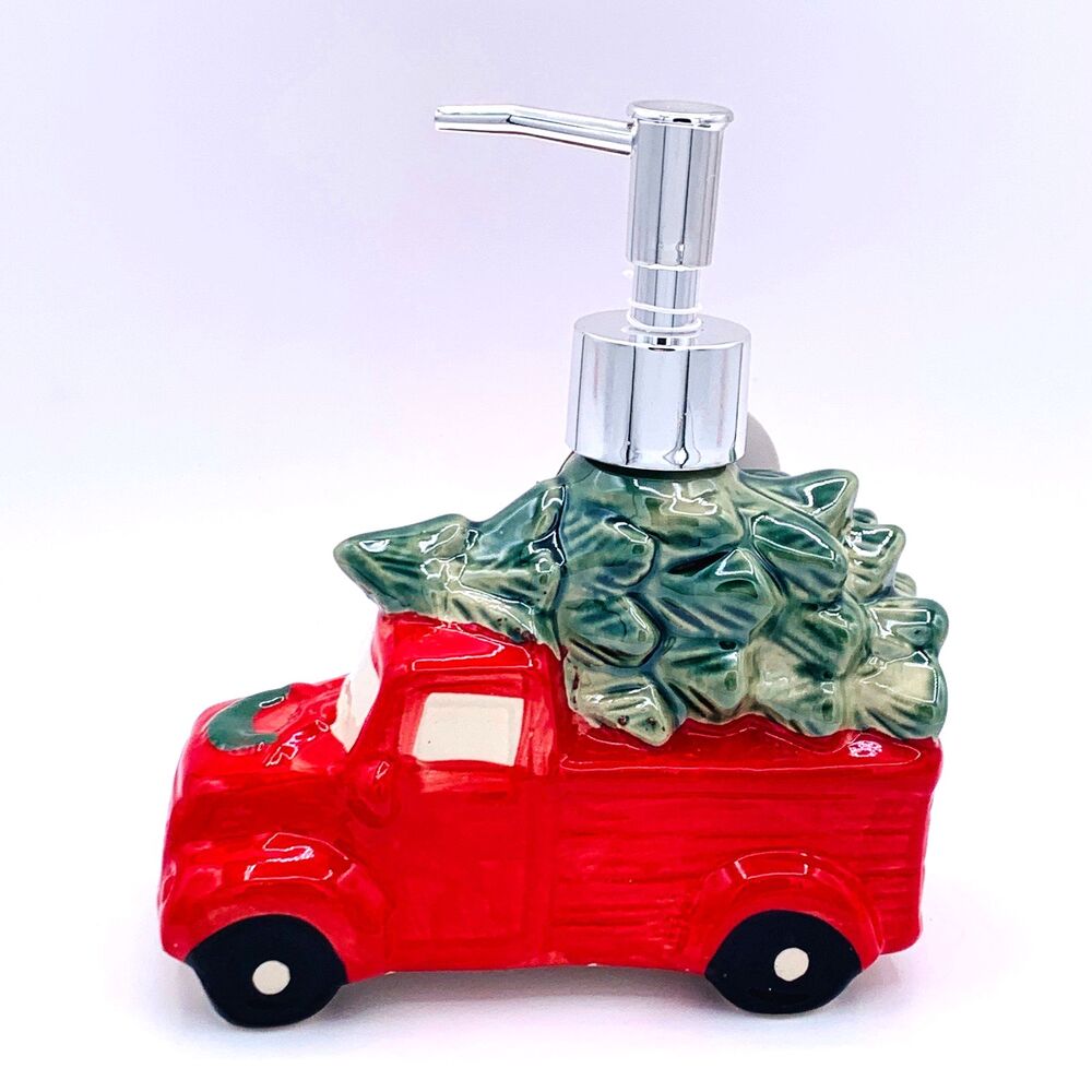 Red Ceramic Vintage Farm Truck Christmas Tree Soap Dispenser Holiday Décor
